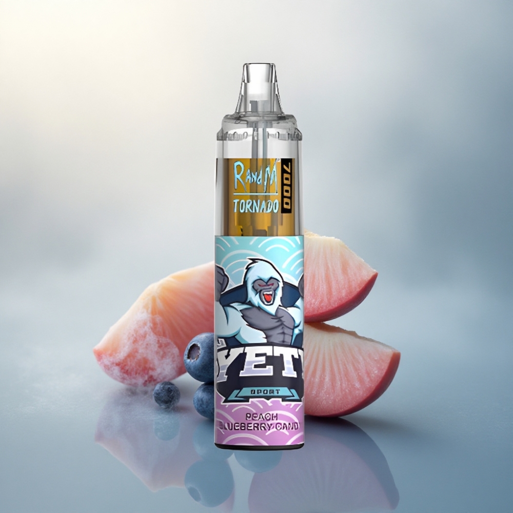 RandM Fumot Tornado 7000 Puffs حلوى الخوخ والتوت الأزرق مع 14 مل من السائل الإلكتروني وبطارية 850 مللي أمبير