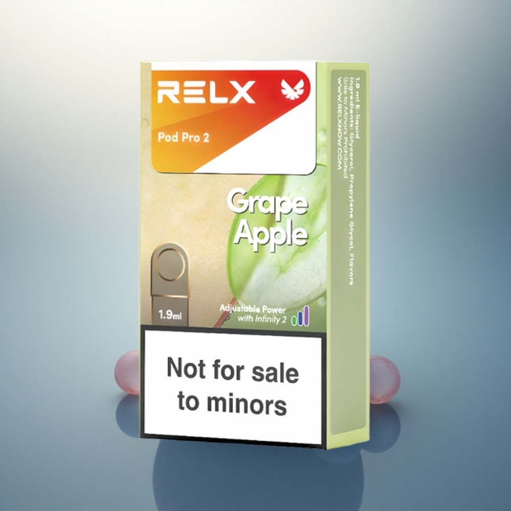 Relx Pod Pro 2 Vape Device عنب تفاح 0 ملغ/مل سعة 1.9 مل 2 بودة/علبة ضبط 3 فولتية