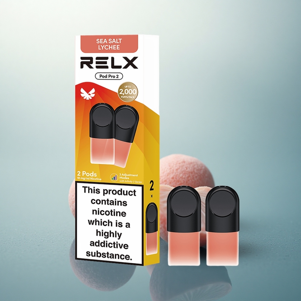 Relx Pod Pro 2 Vape Device ملح البحر والليتشي 18 ملغم/مل (سعة 1.9 مل، 3 أوضاع للجهد: إيكو 5.5 واط، سموث 6.5 واط، بوست 8 واط)