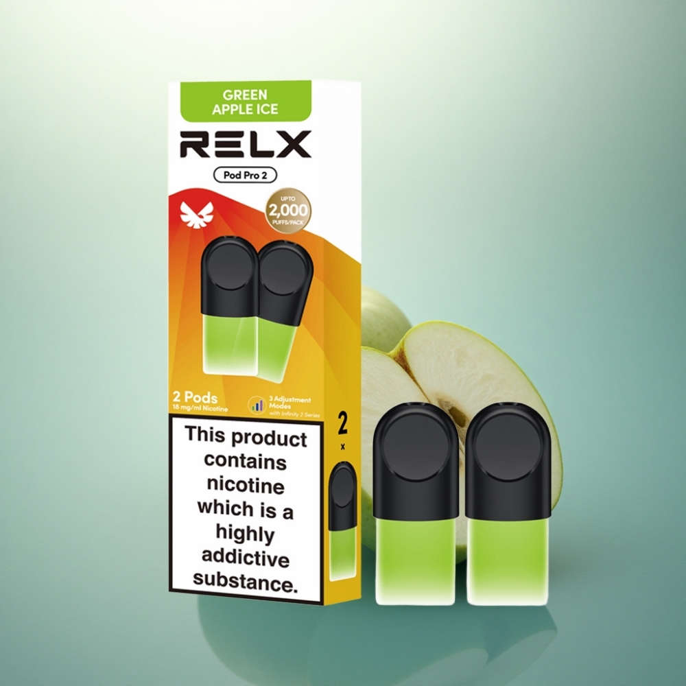 Relx Pod Pro 2 Vape Device تفاح أخضر مثلج 18 ملغ/مل نيكوتين، 1.9 مل سعة، 3 أوضاع ضبط (5.5 واط، 6.5 واط، 8 واط)