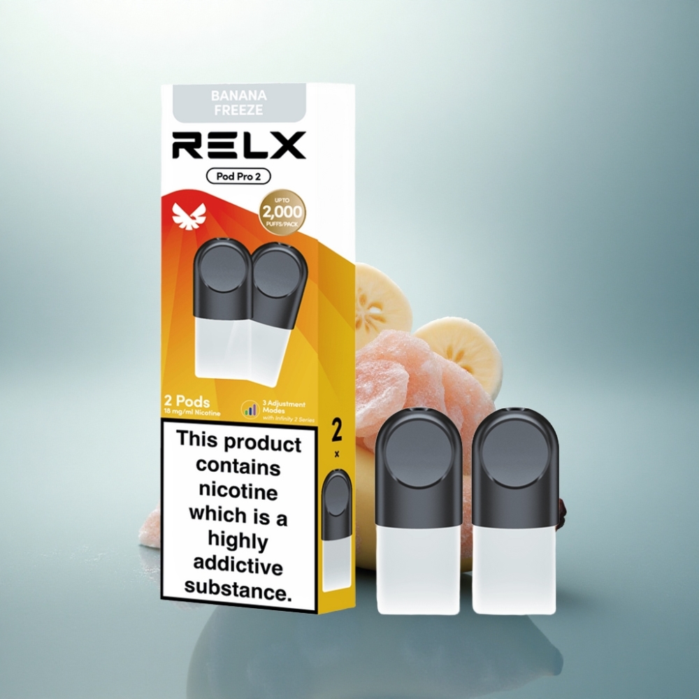 Relx Pod Pro 2 Vape Device تجليد الموز الحلو - 18 ملغم/مل نيكوتين، سعة 1.9 مل، 3 أوضاع للجهد: Eco (5.5 واط)، Smooth (6.5 واط)، Boost (8 واط)