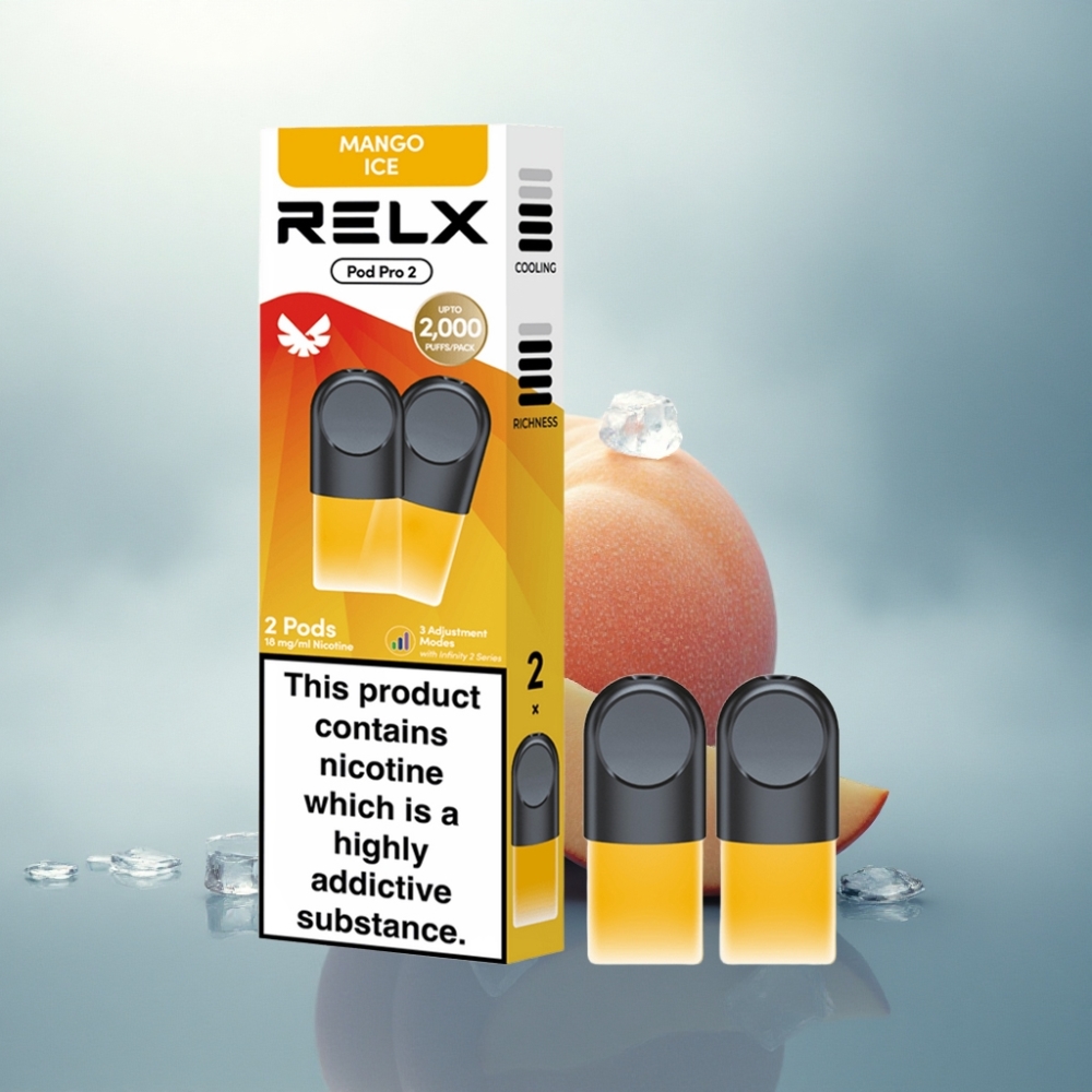 Relx Pod Pro 2 Vape Device مانجو آيس 18ملغ/مل بسعة 1.9مل وثلاثة أوضاع للجهد: إيكو (5.5واط)، سموث (6.5واط)، بوست (8واط)