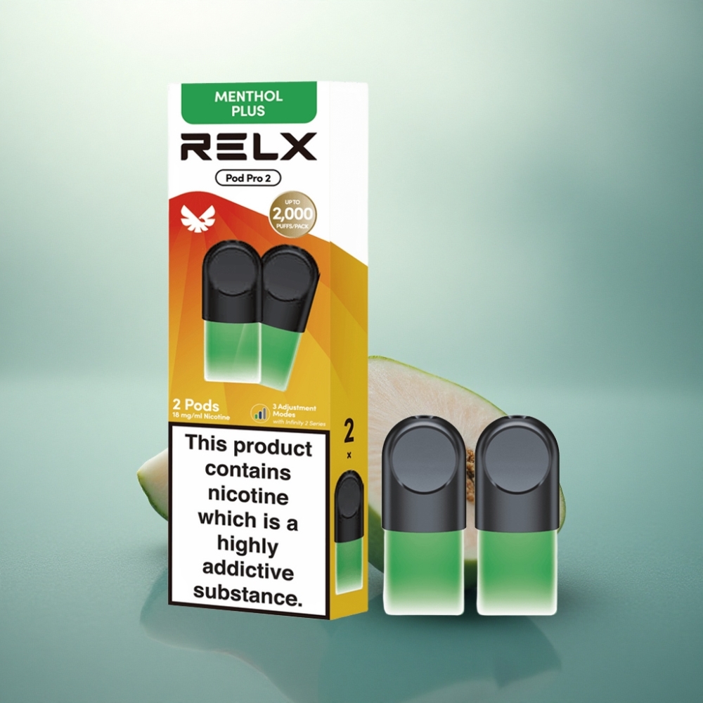 Relx Pod Pro 2 Vape Device نعناع-منثول بلس 18 ملغ/مل نيكوتين، 1.9 مل، 600 نفخة، 3 أوضاع ضبط: إيكو (5.5 واط)، سموث (6.5 واط)، بوست (8 واط)