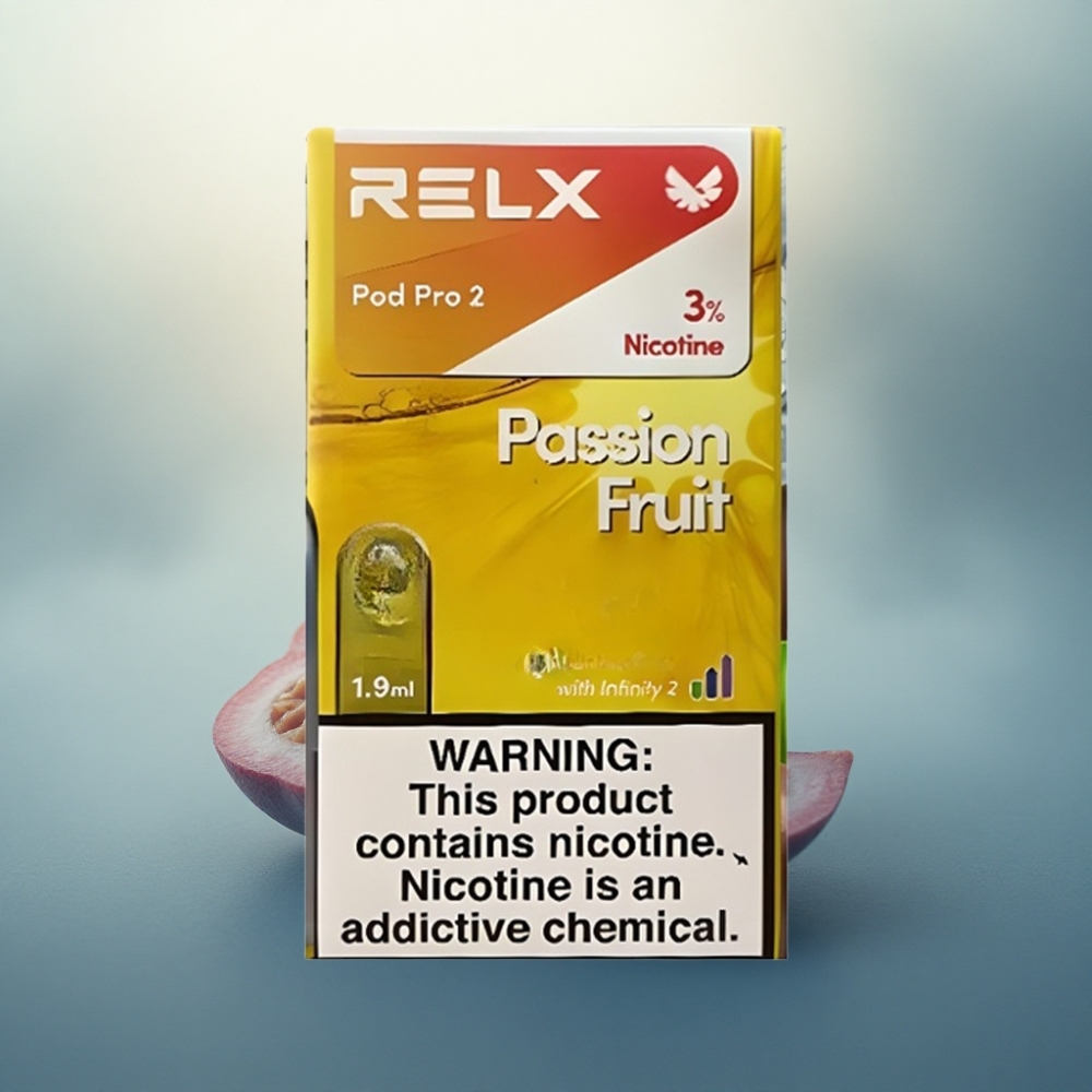 Relx Pod Pro 2 Vape Device فاكهة العاطفة 30ملغ/مل نيكوتين، 1.9مل، 3 أوضاع: إيكو (5.5W)، سموث (6.5W)، بوست (8W)