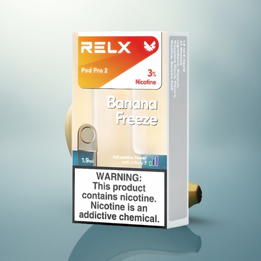 Relx Pod Pro 2 Vape Device بنانا فريز 30 ملجم/مل نيكوتين، 1.9 مل، 3 أوضاع: إيكو (5.5 واط)، سموث (6.5 واط)، بوست (8 واط)
