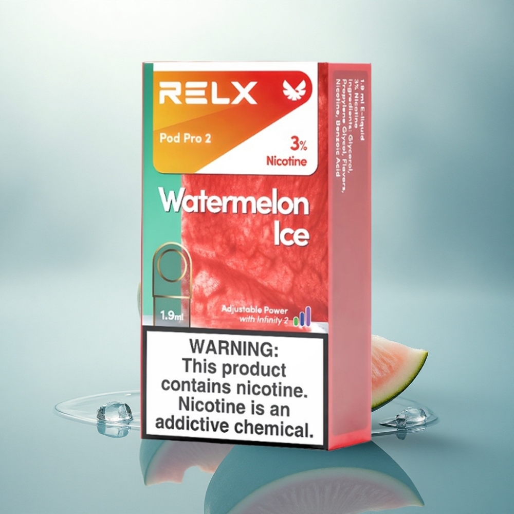 Relx Pod Pro 2 Vape Device بطيخ مثلج 30 ملغ/مل نيكوتين، سعة 1.9 مل، 3 أوضاع: توفير (5.5 واط)، ناعم (6.5 واط)، تعزيز (8 واط)