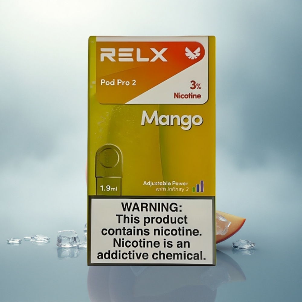 Relx Pod Pro 2 Vape Device مانجو آيس 30ملغ/مل نيكوتين، 1.9مل سعة، 3 مستويات طاقة: إيكو (5.5 واط)، سموث (6.5 واط)، بوست (8 واط)