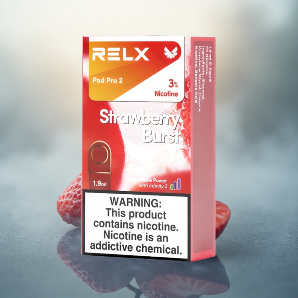 Relx Pod Pro 2 Vape Device انفجار الفراولة 30ملغ/مل نيكوتين، سعة 1.9مل، 3 أوضاع ضبط: إيكو 5.5واط، سموث 6.5واط، بوست 8واط