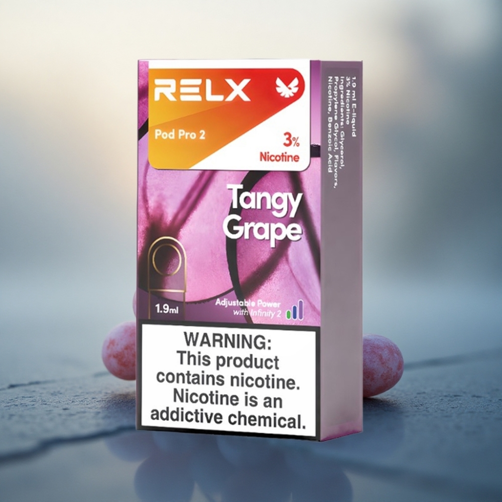 Relx Pod Pro 2 Vape Device عنب لاذع 30ملغ/مل نيكوتين، 1.9مل، 3 أوضاع: إيكو (5.5 واط)، سموث (6.5 واط)، بوست (8 واط)