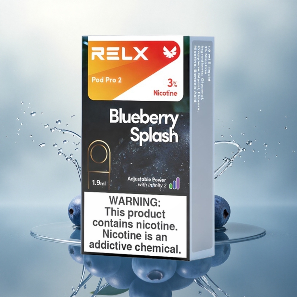 Relx Pod Pro 2 Vape Device عصير التوت الأزرق 30 ملغ/مل نيكوتين، سعة 1.9 مل، وضعين: ناعم (6.5 واط)، دفعة (8 واط)