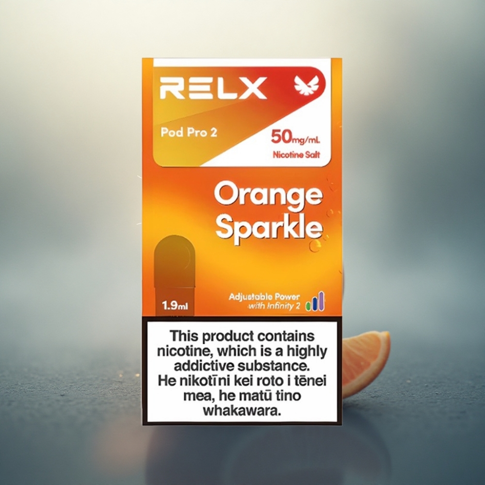 Relx Pod Pro 2 Vape Device برتقالي لامع 50 ملغ/مل نيكوتين، 1.9 مل، 3 أوضاع: إيكو (5.5 واط)، سموث (6.5 واط)، بوست (8 واط)